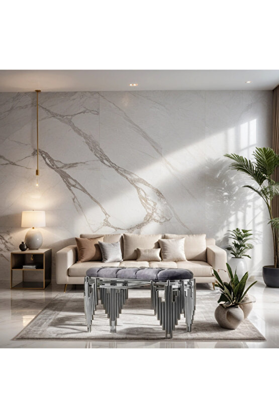 Piyano Model Lüx Gümüş Dresuar Elips Ayna Ve Puf