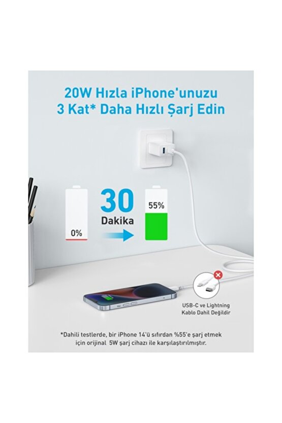 20W USB-C + USB-A Çift Portlu Şarj Cihazı - A2348 - Beyaz