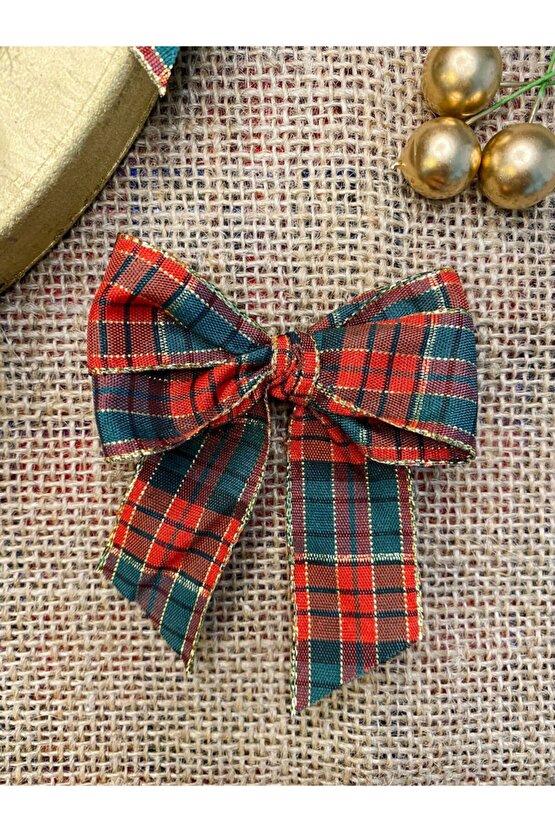 10lu Ekose Desenli Kenarları Altın Detaylı Fiyonk Yılbaşı Christmas