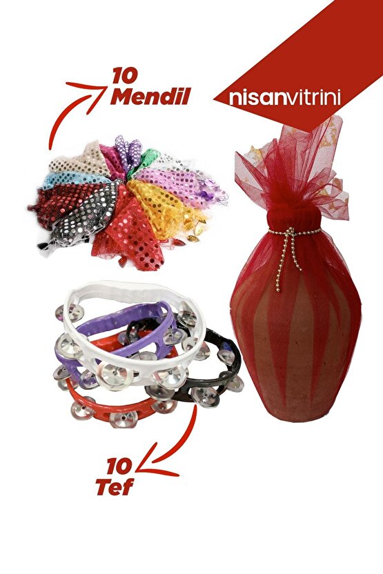 10 Adet Karışık Tef, 10 Adet Karışık Halay Mendili Ve 1 Adet Kına Gelin Testisi  21 Parça