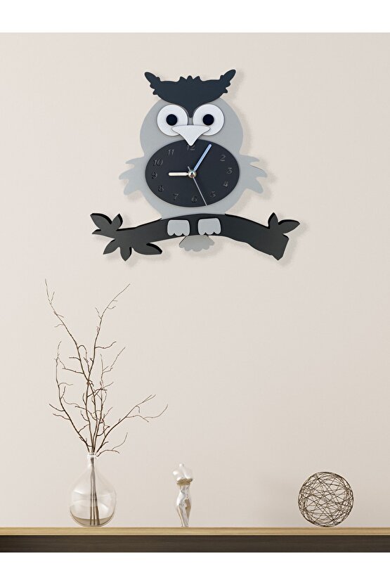 Gri Baykuş Sarkaçlı Dekoratif Duvar Saati