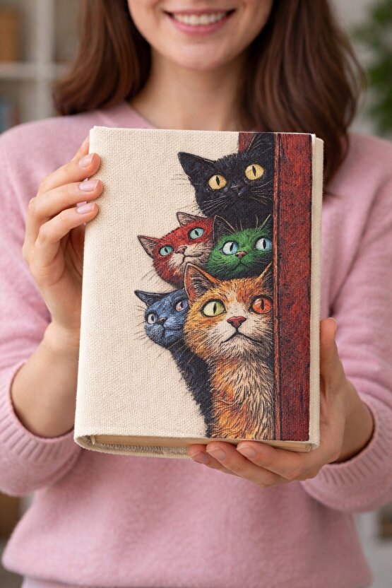Kedi Desenli Bez Kitap Kılıfı – Sanatsal Baskılı Kumaş Kitap Kabı, Kitap Koruyucu Kılıf 6
