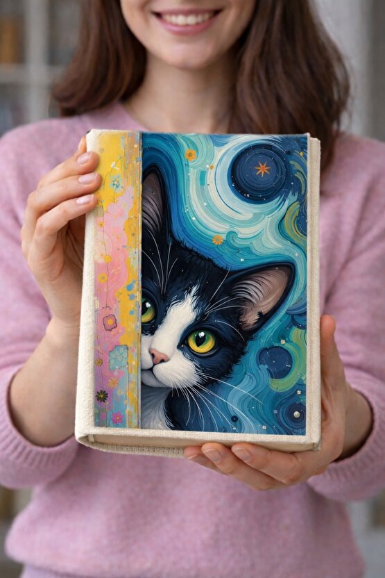 Kedi Desenli Bez Kitap Kılıfı – Sanatsal Baskılı Kumaş Kitap Kabı, Kitap Koruyucu Kılıf