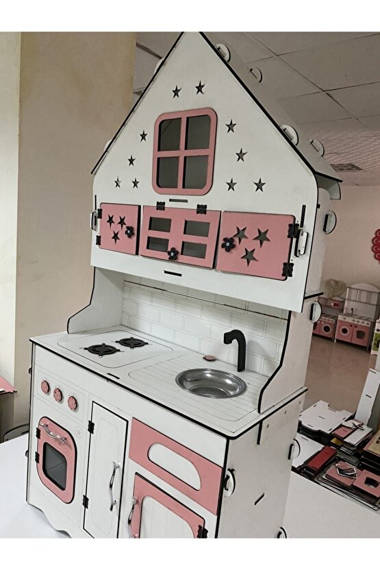 Ahşap Oyuncak Mutfak, Oyuncak Mutfak, Özel Tasarım Büyük Boy Ahşap Oyuncak Mutfak Pembe-beyaz