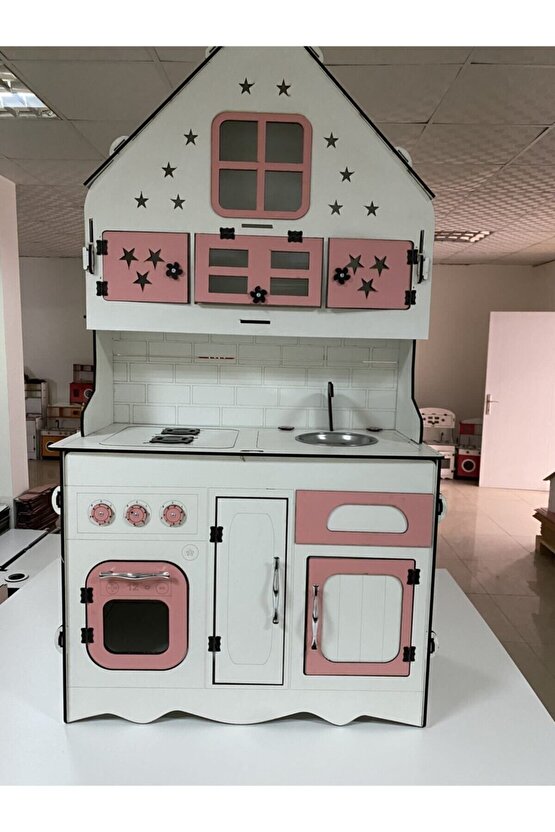 Ahşap Oyuncak Mutfak, Oyuncak Mutfak, Özel Tasarım Büyük Boy Ahşap Oyuncak Mutfak Pembe-beyaz