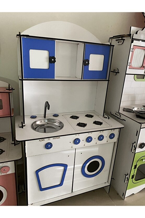 Oyuncak Mutfak, Büyük Boy Ahşap Oyuncak Mutfak, Erkek Çocuk Oyuncak Mutfak Seti, Mavi