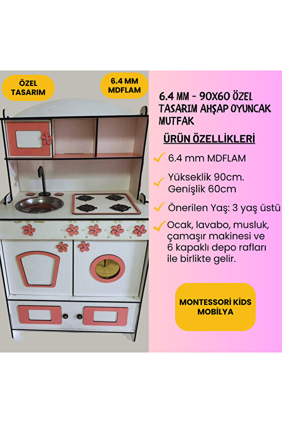 Dekoratif Doğal Ahşap Eğitici Kız Çocuk Mutfak Dolabı Seti Pembe-beyaz 91x59