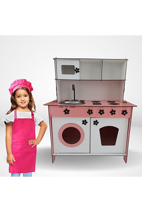 Montessori Eğitici Ahşap Oyuncak Mutfak Dolabı Pembe Beyaz 3mm