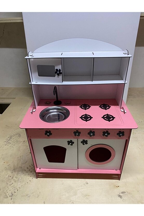 Montessori Eğitici Ahşap Oyuncak Mutfak Dolabı Pembe Beyaz 3mm
