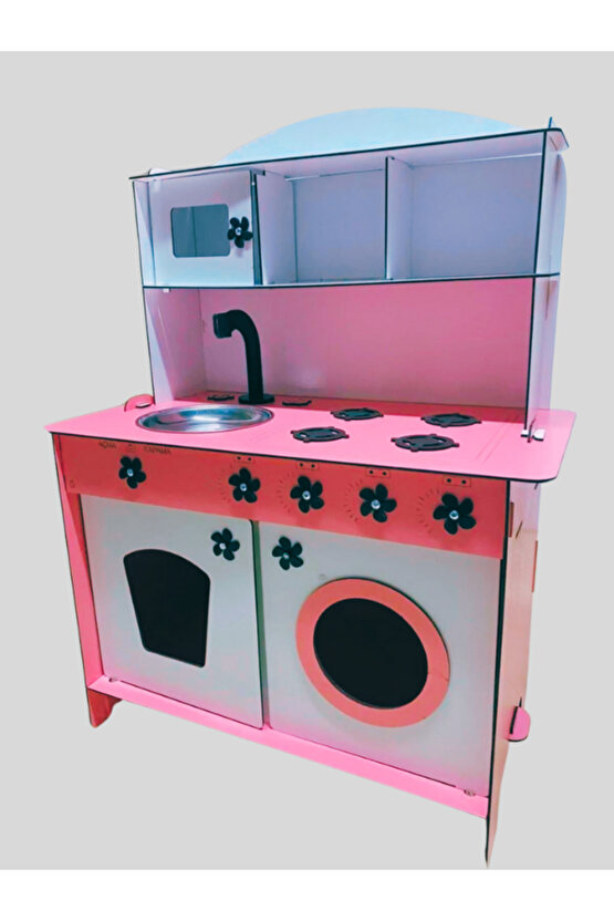 Montessori Eğitici Ahşap Çocuk Oyuncak Mutfak Dolabı Pembe-beyaz 3 Mm 84x60 Cm