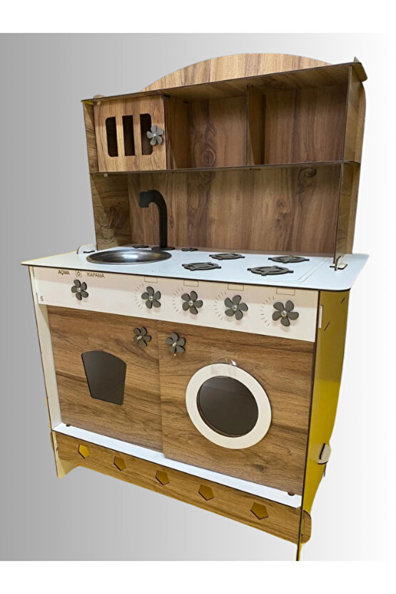 Montessori Eğitici Ahşap Çocuk Oyuncak Mutfak Dolabı Ceviz 3 Mm 84x60 Cm