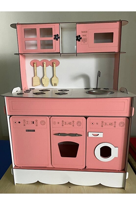 3 Kapaklı Boyalı Montessori Eğitici Ahşap Oyuncak Mutfak