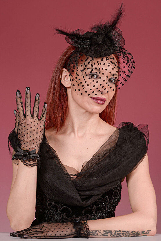 Siyah Puantiyeli Gelin Kepi Nikah Şapkası Ve Puanlı Gelin Eldiveni  Kombin Set