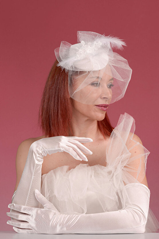 Kırık Beyaz Dantelli Gelin Kepi Nikah Şapkası Ve Saten Uzun Gelin Eldiveni  Kombin Set