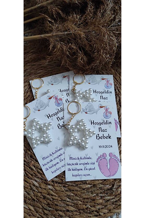 Baby Shower Incili Yıldız Anahtarlık 4 Adet- Bebek Mevlüdü