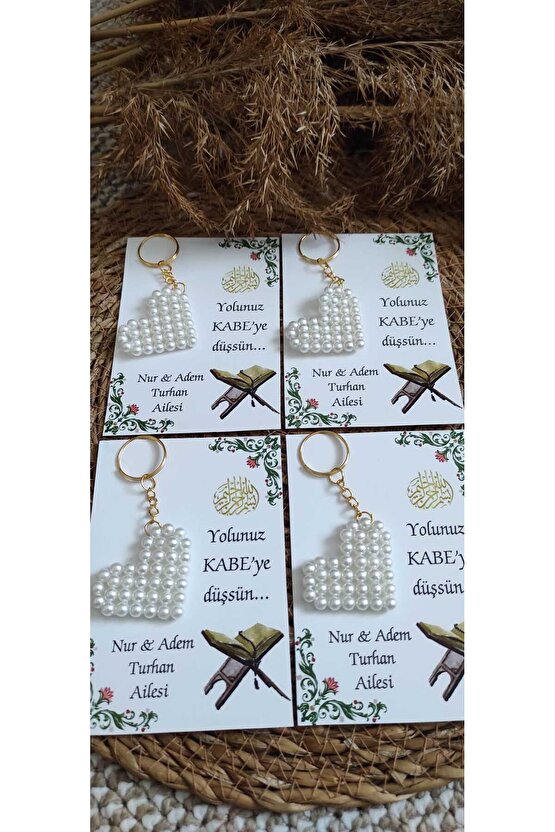 Kabe Hac Umre Hediyelik Incili Kalp Anahtarlık 8 Adet
