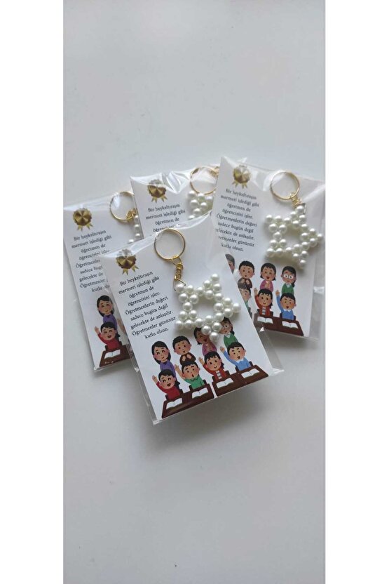 Öğretmenler Günü Hediyelik Kart Tasarımlı Yıldız Incili Anahtarlık 4 Adet