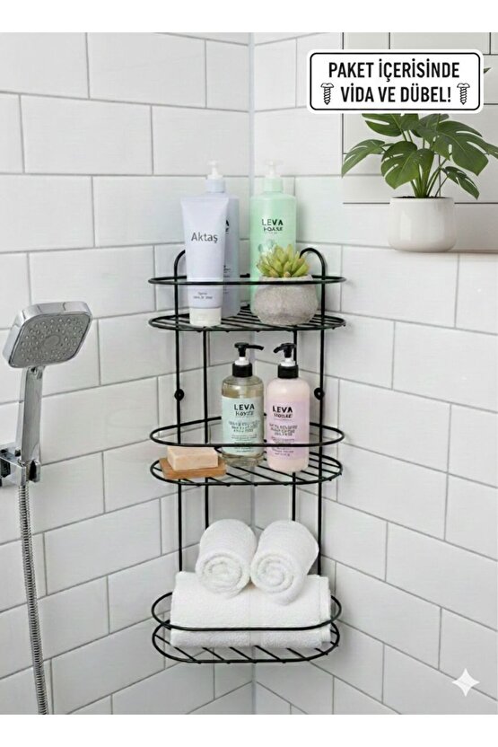 3 Katlı Metal Banyo ve Mutfak Düzenleyici Köşe Rafı 50 cm