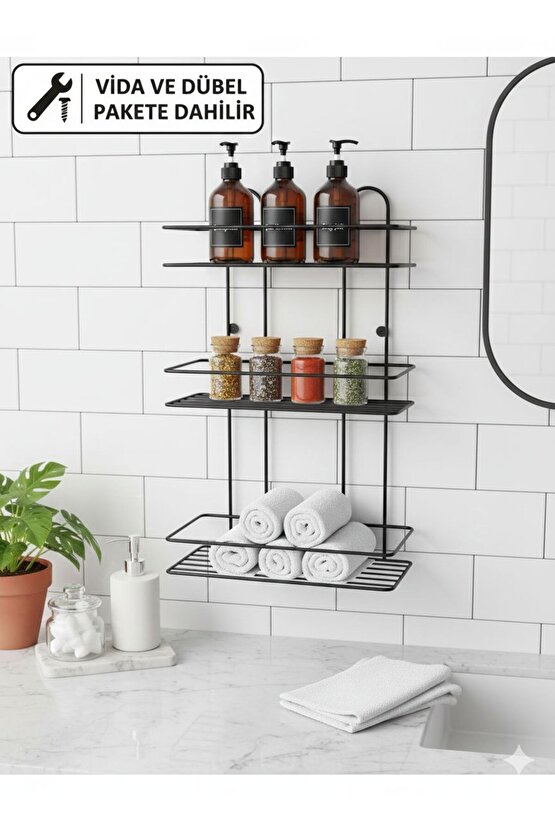 Ömür Boyu Paslanmaz Vidalı 3 Katlı Banyo Rafı Duş Şampuanlık Duvar Düzenleyici Organizer