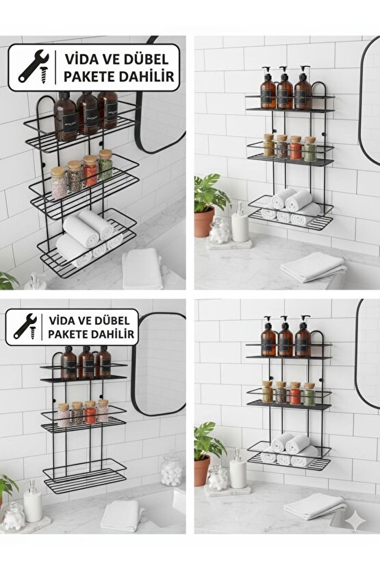 Ömür Boyu Paslanmaz Vidalı 3 Katlı Banyo Rafı Duş Şampuanlık Duvar Düzenleyici Organizer