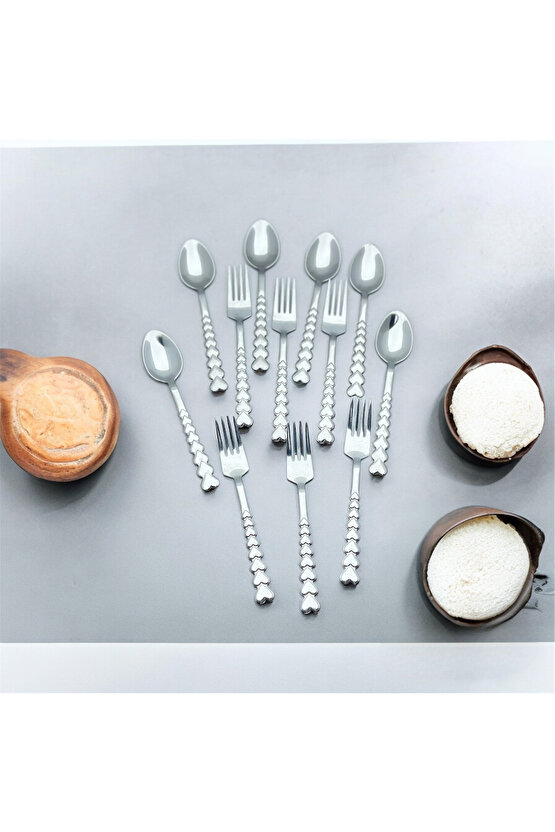 24 Parça 12 Kişilik Kalpli Tatlı Kaşık -tatlı Çatalı