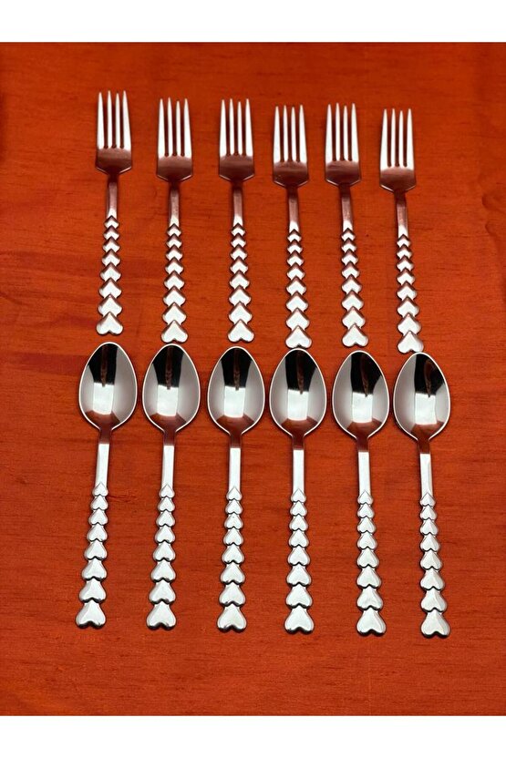 24 Parça 12 Kişilik Kalpli Tatlı Kaşık -tatlı Çatalı