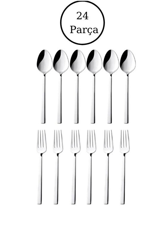 24 Parça 12 Kişilik Çubuk Model Tatlı Kaşık - Tatlı Çatalı