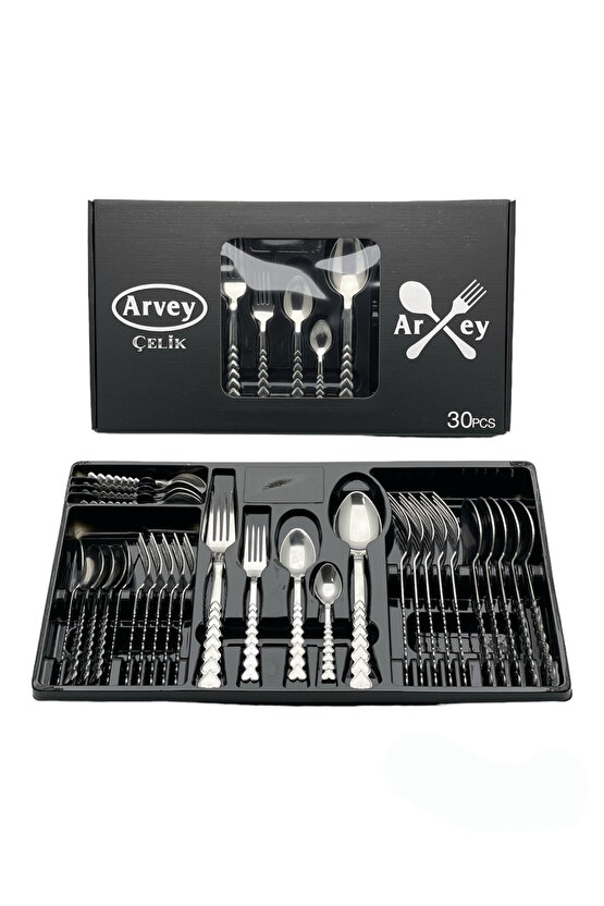 Kutulu 30 Parça 6 Kişilik Çatal Kaşık Takımı Kalpli Model