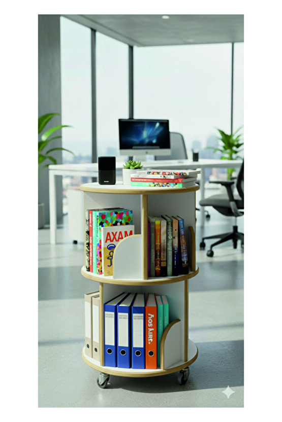 360° Mdflam Dekoratif 2 Katlı Döner Kitaplık - Beyaz- 71x45 Cm