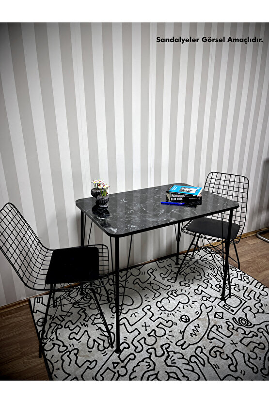 Siyah Metal Ayaklı 60x90 Siyah Mermer Desen Mutfak Masası -Balkon Masası-Çalışma Masası