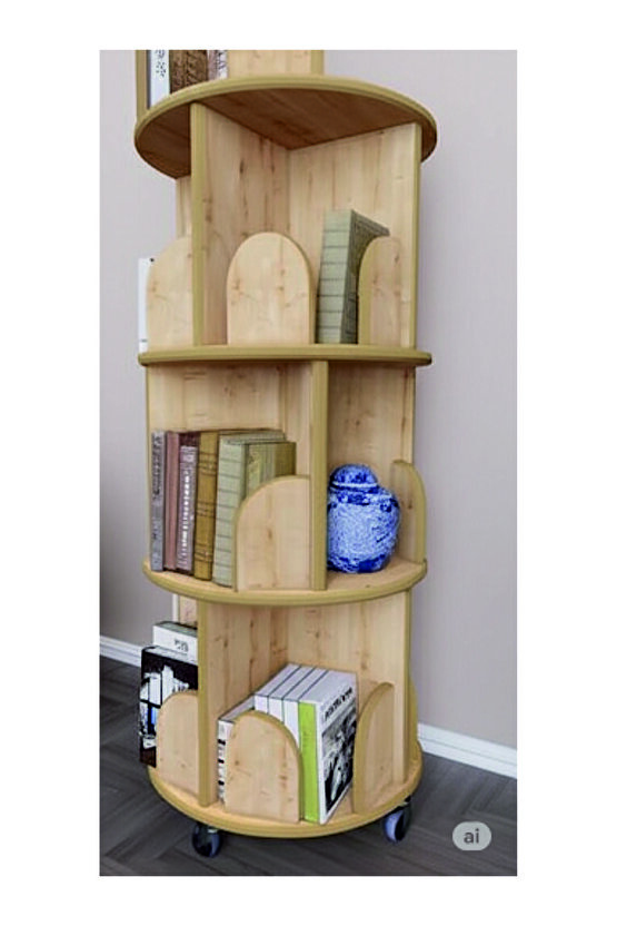 tekerlekli Dekoratif Döner Kitaplık - 133x45 Cm - Safir Meşe