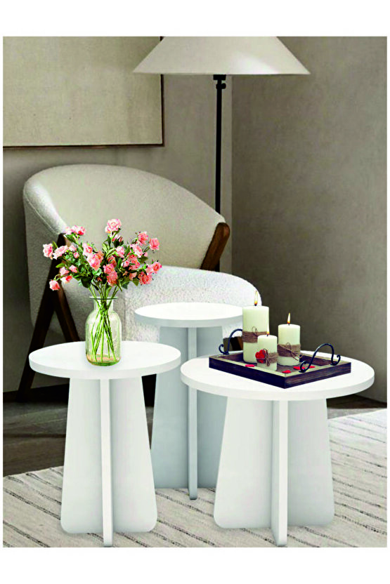 Mantar 3 Lü Zigon Sehpa Iskandinav Stili  BEYAZ