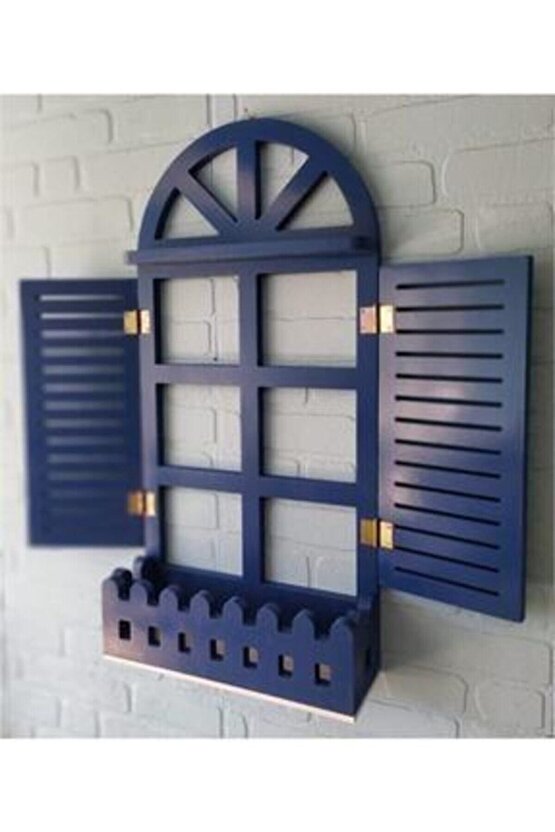 Lacivert Dekoratif Ahşap Panjur Çiçeklik Duvar Rafı