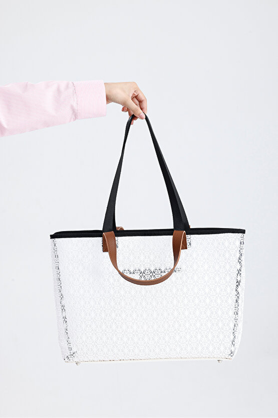 Kadın Beyaz Dantel Desenli Büyük Boy Plaj Ve Alışveriş Shopper Tote Omuz Çantası