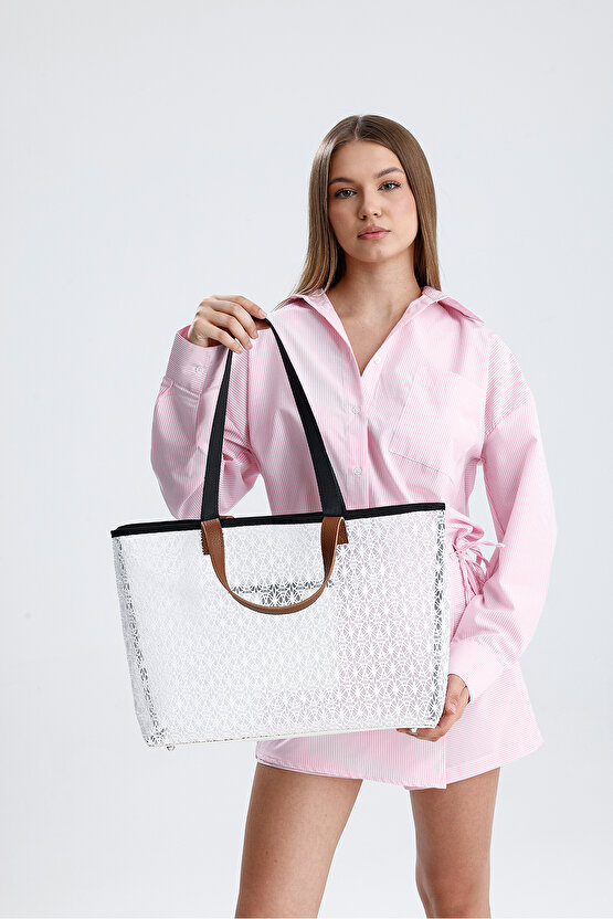 Kadın Beyaz Dantel Desenli Büyük Boy Plaj Ve Alışveriş Shopper Tote Omuz Çantası