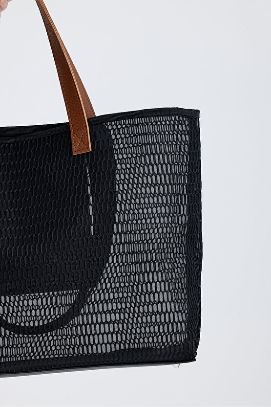 Kadın Siyah Petek Desenli Şeffaf Büyük Boy Plaj Ve Alışveriş Shopper Tote Omuz Çantası