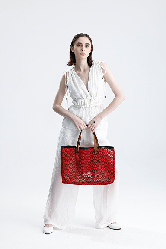 Kadın Kırmızı Petek Desenli Şeffaf Büyük Boy Plaj Ve Alışveriş Shopper Tote Omuz Çantası