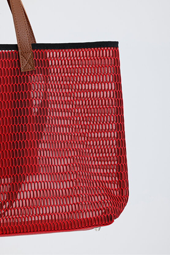 Kadın Kırmızı Petek Desenli Şeffaf Büyük Boy Plaj Ve Alışveriş Shopper Tote Omuz Çantası