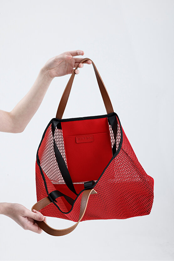 Kadın Kırmızı Petek Desenli Şeffaf Büyük Boy Plaj Ve Alışveriş Shopper Tote Omuz Çantası