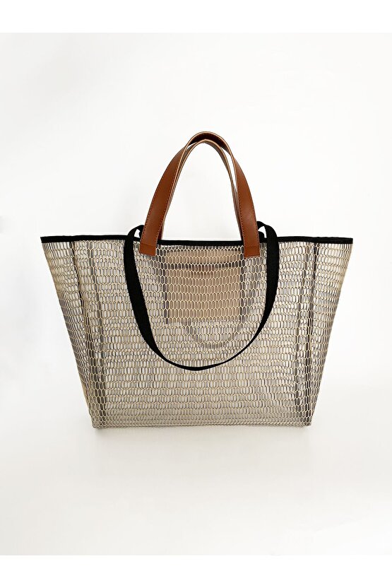Heybes Kadın Bej Petek Desenli Şeffaf Büyük Boy Plaj Ve Alışveriş Shopper Tote Omuz Çantası