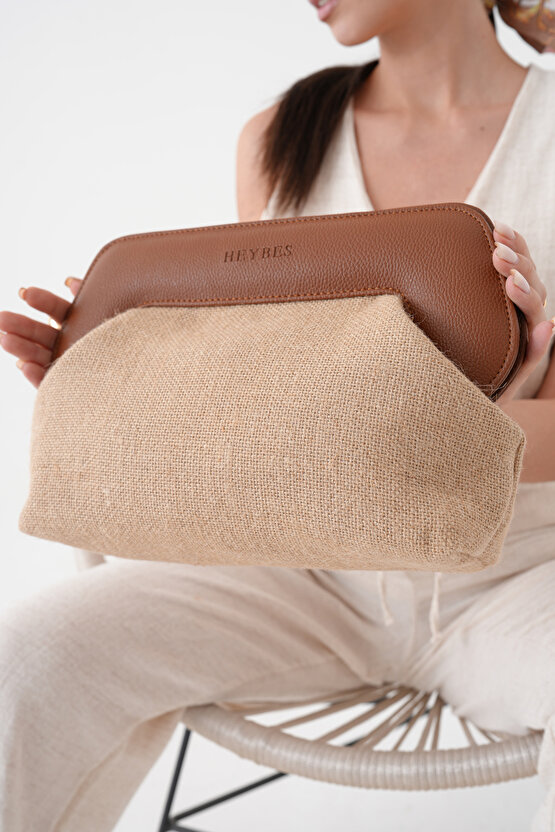 Heybes Kadın Kahve Deri Detaylı Jüt Clutch El Çantası