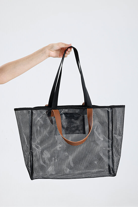 Kadın Siyah File Şeffaf Büyük Boy Plaj Ve Alışveriş Shopper Tote Omuz Çantası