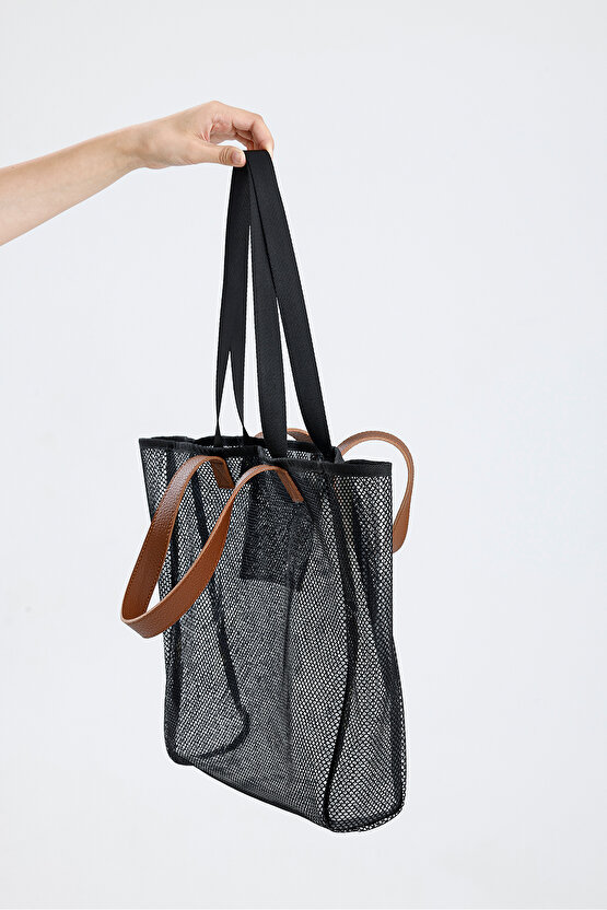 Kadın Siyah File Şeffaf Büyük Boy Plaj Ve Alışveriş Shopper Tote Omuz Çantası