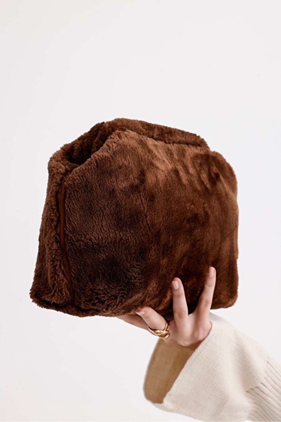 Heybes Kadın Koyu Kahverengi Peluş Teddy Clutch Çanta