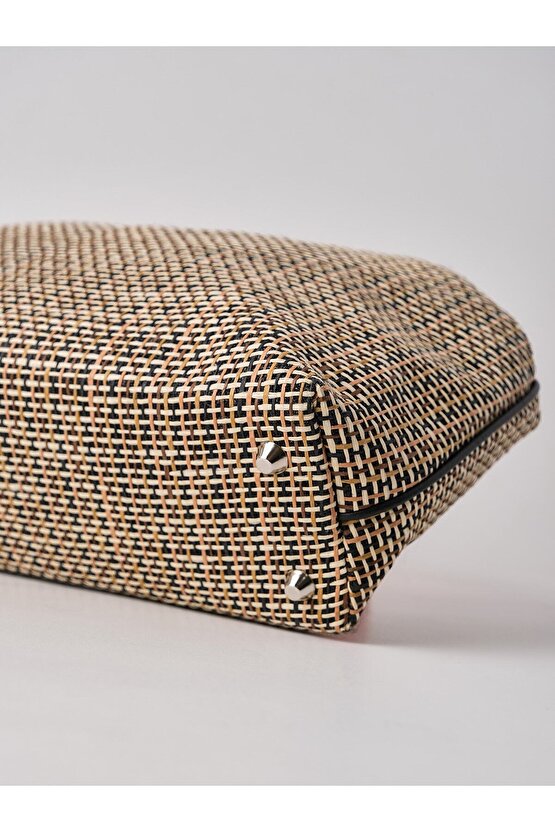 Heybes Kadın Siyah Biyeli Çizgili Jüt Hasır Clutch El Çantası