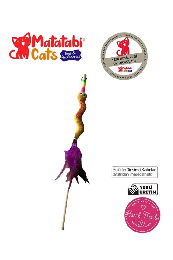 Wormy Ahşap Saplı Kedi Oltası Peluş Kedi Oyuncaklı - Matatabi Içerikli