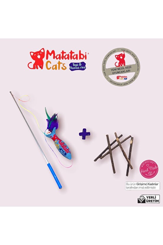 Set Doğal Matatabi Stick 5li Ve Sesli Peluş Oyuncaklı Kedi Oltası 50 Cm
