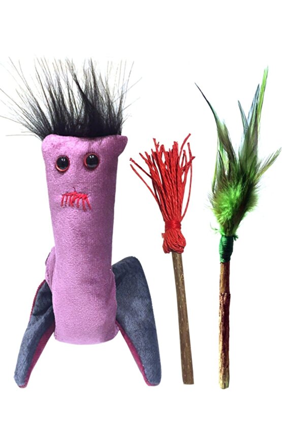 Sticky Paketi Doğal Çiğneme Çubuğu, Matatabili Sesli Peluş Kedi Oyuncağı 3lü Set