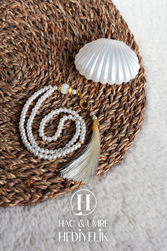 İnci Tesbih | Hediyelik İnci Tesbih | Deniz Kabuğu Kutulu 99lu İnci Tesbih Vav Süslü Püsküllü