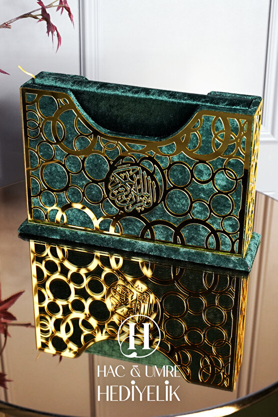 Kadife Kaplı Sandıklı Hediyelik Kuranı Kerim Seti | Lüks Ahşap Kutu, Kuran, Şal ve İnci Tesbih Seti